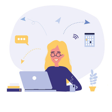 The girl is working on a laptop. Flat style. Good for image work, office, recruitment. Cute illustration. The concept of distance learning, work.