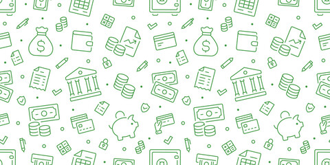 Money green seamless pattern. Vector background included line icons as piggy bank, wallet, credit card, coin, banknote, bag, cash, finance, receipt outline pictogram for banking - obrazy, fototapety, plakaty