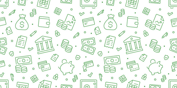 Money green seamless pattern. Vector background included line icons as piggy bank, wallet, credit card, coin, banknote, bag, cash, finance, receipt outline pictogram for banking