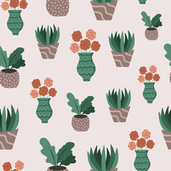 Cozy vector seamless pattern with flowers in vase and home plants in the pot. Can be used for posters, wrapping paper, bedclothes, socks, towels, notebook, packages. Cartoon hand drawn illustration.