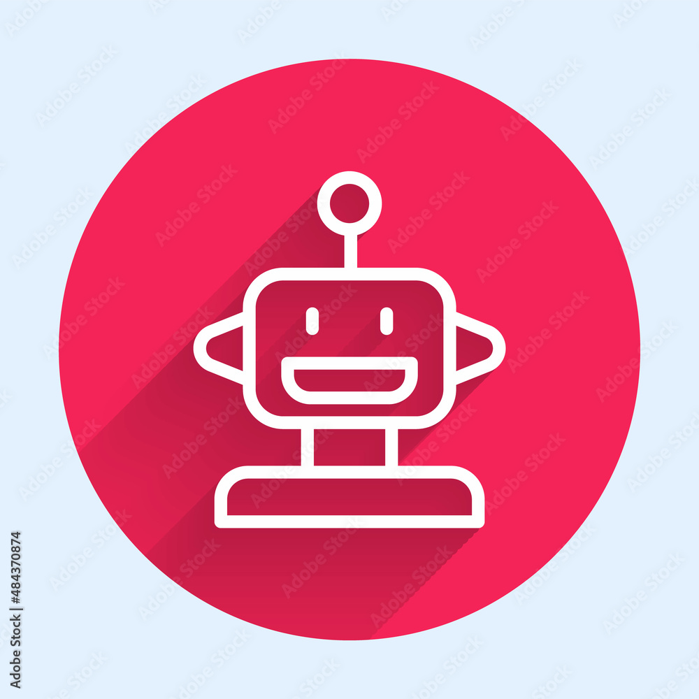 Poster white line robot toy icon isolated with long shadow background. red circle button. vector
