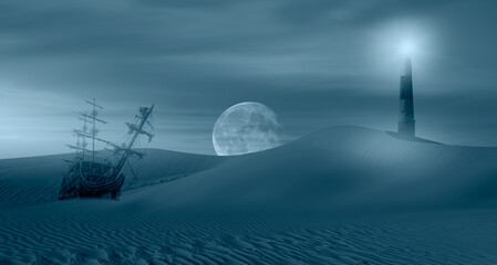 Sailing old ship in desert of sand dune in the background lighthouse with full moon 