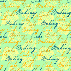 Food Lettering vector pattern. Blue,yellow, beige letters hand drawn style letters on the blue background. Desserts. Bakery, cake words. Dough, bread, pie, fruit, croissant, cookies. Design cafe menu.