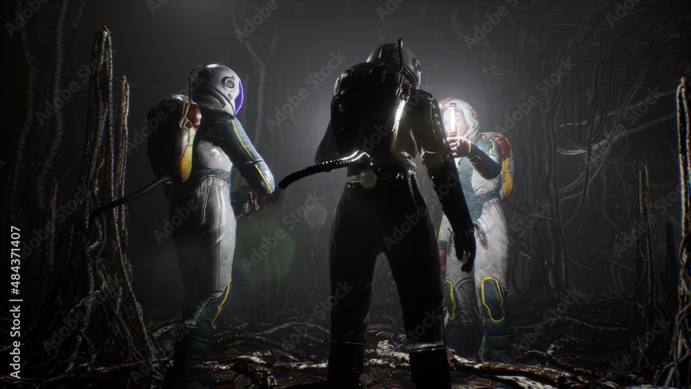 Poster astronauts on an alien planet find themselves in a cave with alien nightmare creatures. the concept 