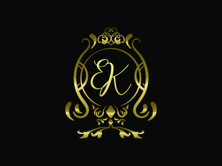 EK initial letter luxury monogram logo,elegant ornamen jewelry, emblem of love shape heart