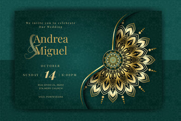 Luxury Mandala Wedding Invitation Card template with golden arabesque pattern Arabic Islamic east background style. Editable vector file. Decorative mandala for print, poster, cover, flyer, banner.