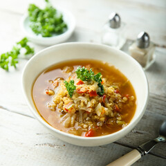 Homemade lentil soup with vegetables