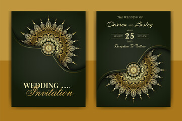 Luxury Mandala Wedding Invitation Card template with golden arabesque pattern Arabic Islamic east background style. Editable vector file. Decorative mandala for print, poster, cover, flyer, banner.