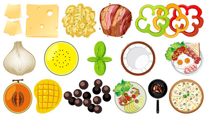 Collection of food ingredients on white background