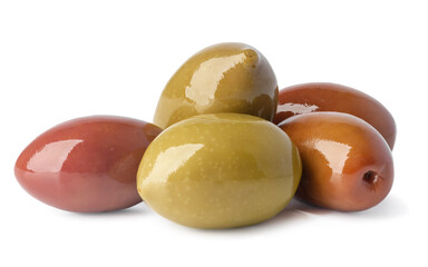 Pile of green olives on white background