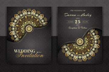 Luxury Mandala Wedding Invitation Card template with golden arabesque pattern Arabic Islamic east background style. Editable vector file. Decorative mandala for print, poster, cover, flyer, banner.