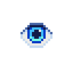 Eye icon. Blue color. Pixel art style. Design application. 8-bit. Video game sprite. Game assets. Isolated abstract vector illustration. 