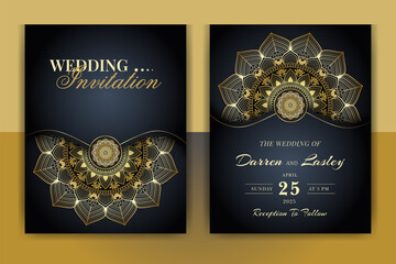 Luxury Mandala Wedding Invitation Card template with golden arabesque pattern Arabic Islamic east background style. Editable vector file. Decorative mandala for print, poster, cover, flyer, banner.