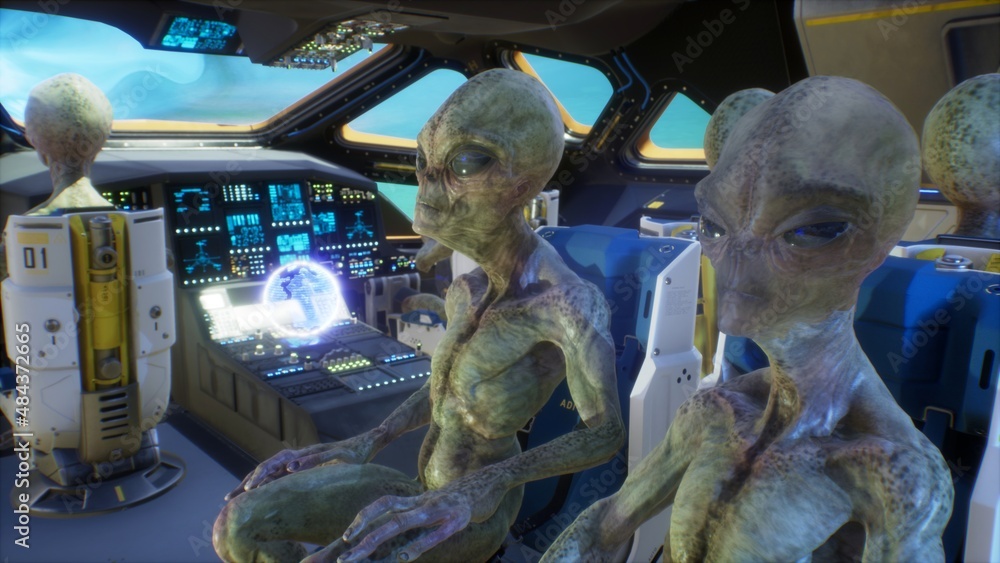 Sticker aliens fly through a wormhole in an uncharted part of the universe in their sci-fi spaceship. the co