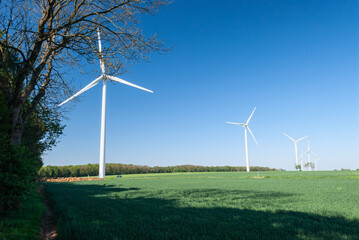 Parc éolien des Monts Bergerons dans la Somme.. 6 éoliennes de 2 mégawatts. Champ de blé au 1er...