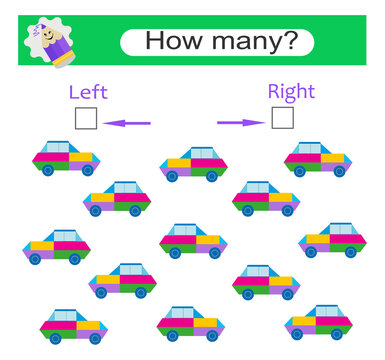Left or Right. Game for kids. Count how many cars are turned left and how many are turned right