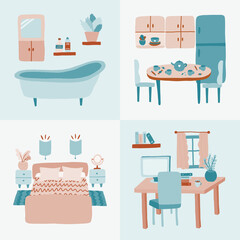 Set of detailed bedroom, kitchen, workplace, bathroom interior in cartoon style. Rooms with furniture and cute decor in trendy colors. Cartoon hand drawn illustration. Cozy domestic apartment inside.