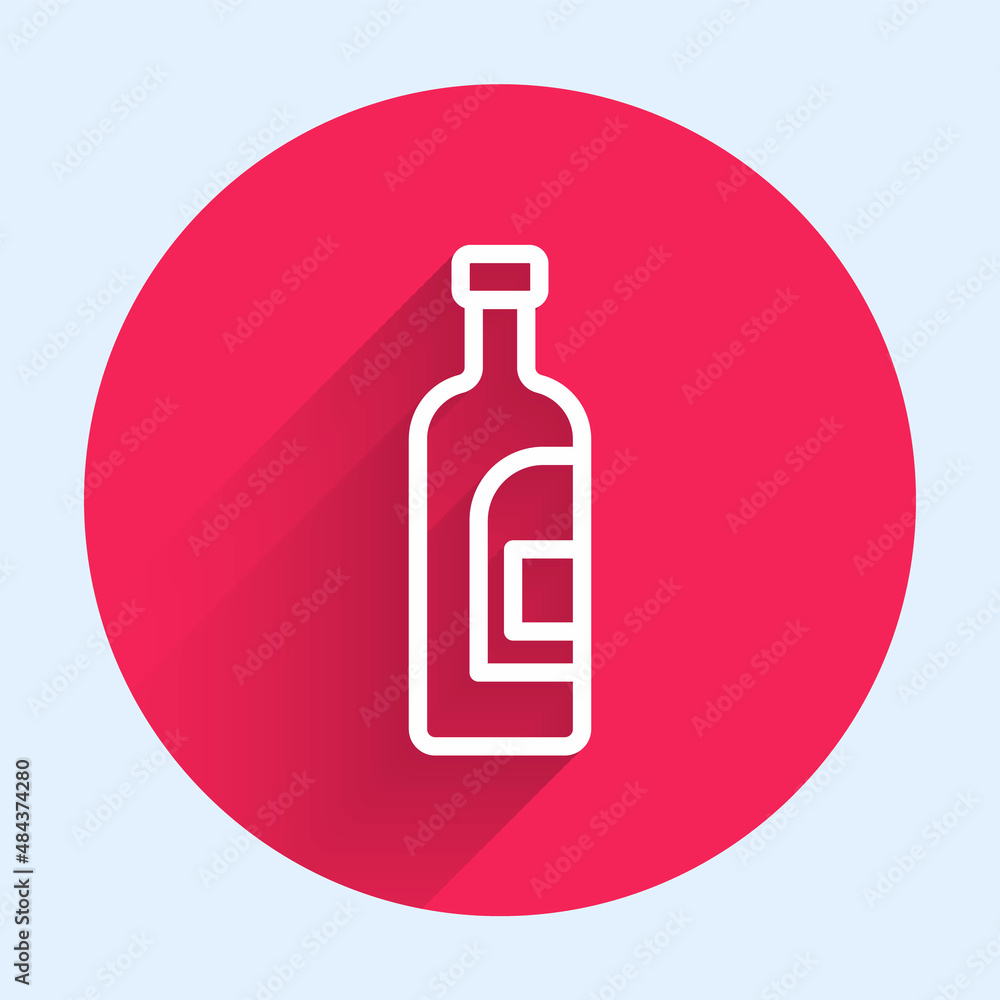 Poster white line bottle of wine icon isolated with long shadow background. red circle button. vector