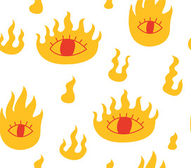 Cute boho seamless pattern with flames, fire and eyes. Vector flat background. Oriental style