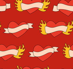 Seamless pattern with hearts and vintage ribbon. Valentine's day. Old school tattoo style. Vector background