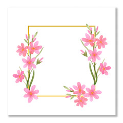 Watercolor frame with flowers. Pink field twigs of flowers. Delicate design. Blank template for invitation, wedding, postcard, banner. Square frame.