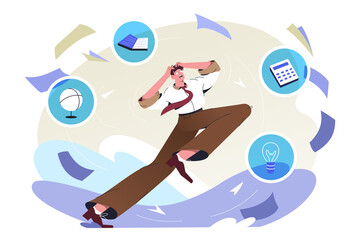 Flat stressed man overloaded by work and a lot of information. Overwhelmed employee person running away from overload. Multitasking and excess of paperwork for exhausted worker in office.