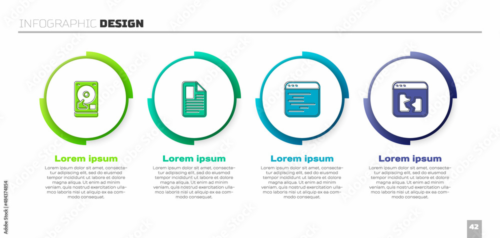 Poster set hard disk drive hdd, file document, software and broken file. business infographic template. vec