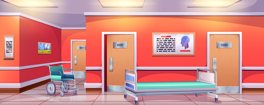 Cartoon hospital hallway with wheelchair and trolley bed. Empty hall interior in medical clinic with ward stretcher, placards on wall and surgery room doors. Waiting corridor or lobby for patients.