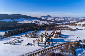 Beskid Niski, zimowy krajobraz w miejscowości Klimkówka, Gorlice - obrazy, fototapety, plakaty
