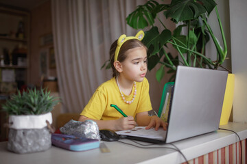 Distant education. Attentive schoolchild studying homework during online lesson at home, social distance during quarantine, self-isolation, communication via internet