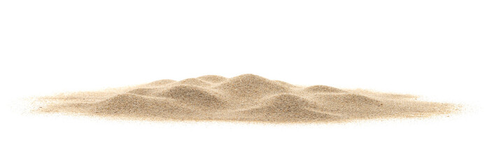 Desert sand dune isolated on white background and texture. Heap of dry beach sand on white background - obrazy, fototapety, plakaty