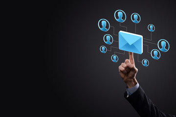 Email and user icon,sign,symbol marketing or newsletter concept, diagram.Sending email.Bulk mail.Email and sms marketing concept. Scheme of direct sales in business. List of clients for mailing.