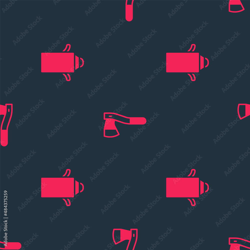 Poster set can container for milk and wooden axe on seamless pattern. vector