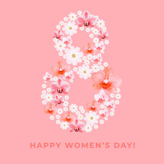 Happy Women's Day. Banner, flyer, beautiful postcard for March 8. Flowers in the shape of the number eight on a pink background.