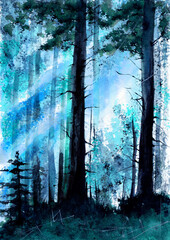  Watercolor picture of a beautiful twilight forest with a lot of trees, green grass and rays of light
