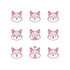 Fototapeta premium Collection of funny cute wolf emoticon characters in different emotions. Illustration