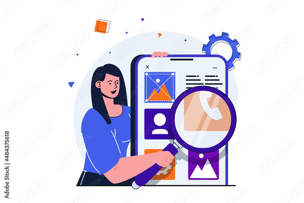 Poster App development modern flat concept for web banner design. Female designer with magnifier works with mobile app interface, searching and ui optimization. Vector illustration with isolated people scene