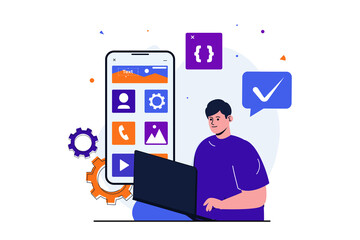 App development modern flat concept for web banner design. Male designer works on laptop, develops usability program interface and places menu buttons. Vector illustration with isolated people scene