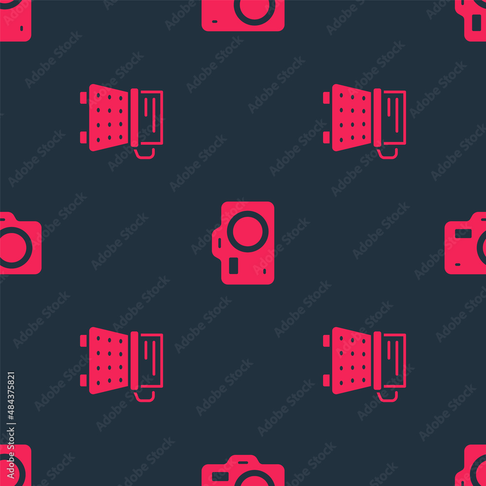 Poster set retro typewriter and photo camera on seamless pattern. vector