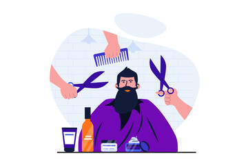Barbershop modern flat concept for web banner design. Male client sits in chair and receives cutting hair, styling and beard care treatments in studio. Vector illustration with isolated people scene
