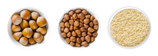 Hazelnuts in white bowls. Whole, dried nuts of Corylus avellana, with and without shells, ready to eat as snack, and ground nuts, used for baking. Isolated from above, on white background, food photo.