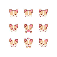 Fototapeta premium Collection of funny cute corgi, dog emoticon characters in different emotions. Illustration
