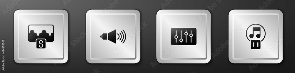 Poster set music wave equalizer, speaker volume, sound mixer controller and pause button icon. silver squar