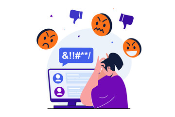 Fototapeta na wymiar Bullying modern flat concept for web banner design. Frustrated woman reads angry and aggressive comments of haters in social networks. Cyberbullying. Vector illustration with isolated people scene