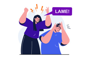 Bullying modern flat concept for web banner design. Aggressive woman screaming and insulting suffering man. Emotional pressure and violence in couple. Vector illustration with isolated people scene