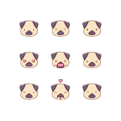 Obraz premium Collection of funny cute pug, dog emoticon characters in different emotions. Illustration