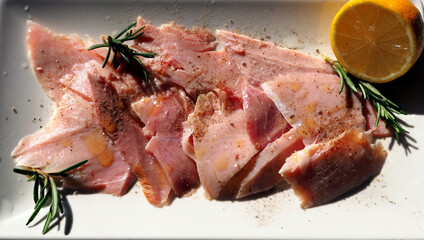 Ham or pork shoulder on a white rectangular plate
