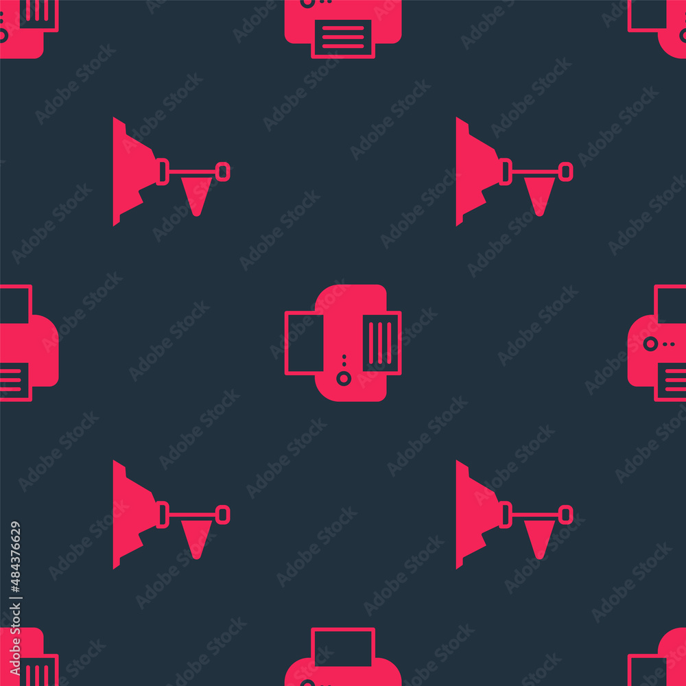 Poster set mountains with flag on top and printer on seamless pattern. vector