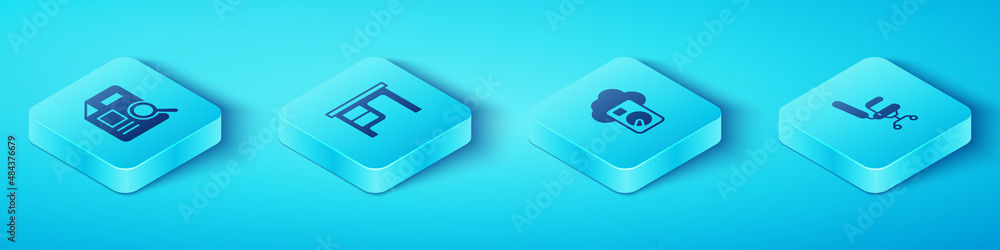 Poster set isometric document with graph chart, office desk, chair and cloud database icon. vector