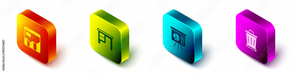 Poster set isometric graph chart infographic, office desk, board with and trash can icon. vector